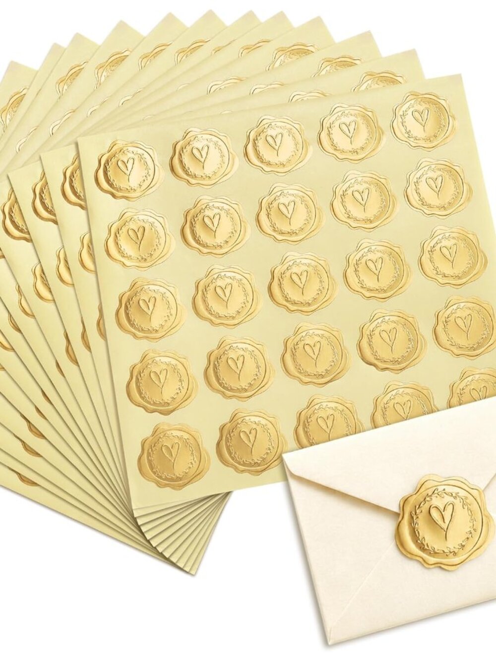 300pcs Gold Embossed Wax Seal Looking Heart Envelope Seals